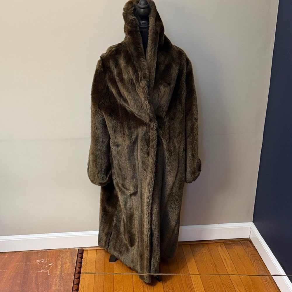 Vintage Faux mink Fur Coat Full Length Brown Shawl Collar Size 16 Glam 80s USA - Picture 3 of 9